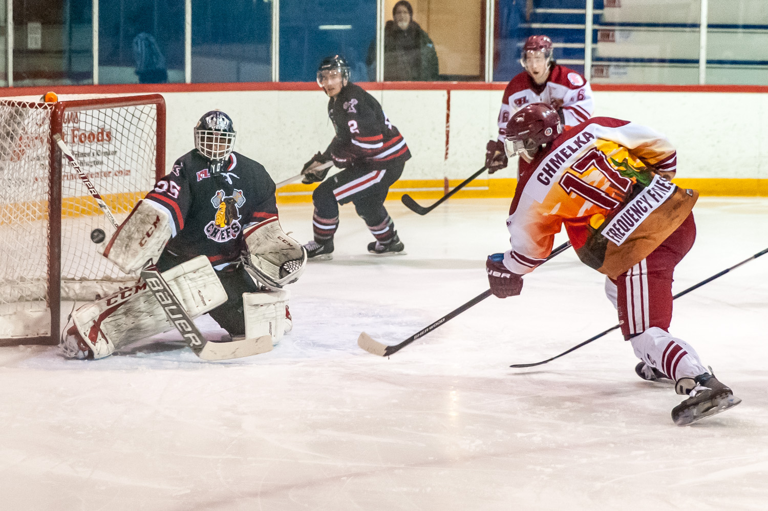 Coyote Captain Colin Chmelka was set up by Rory Neary, but Kelowna goalie Tyler O'Donnell managed to deflect the puck with his glove. (Richard McGuire photo)