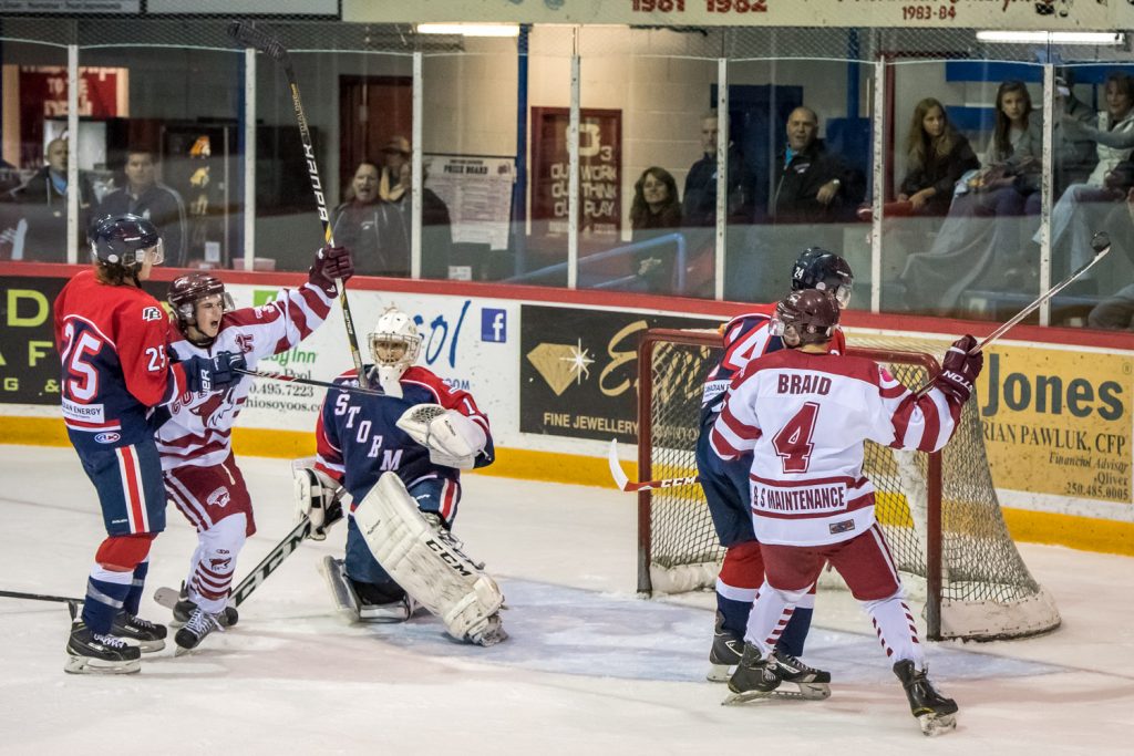 Jonathan Lee (No. 6) of the Kelowna Chiefs was awarded a penalty shot in the second period of Saturday's game, but Osoyoos goalie Brett Soles managed to stop him. (Richard McGuire photo)