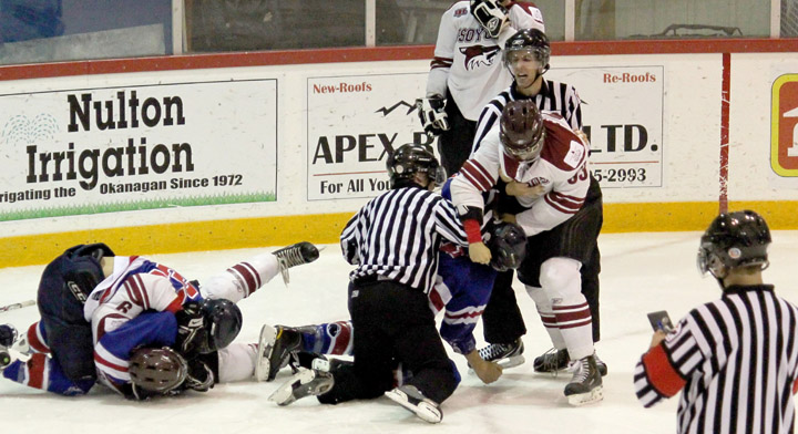 coyotesoct27web The Oct. 22 return of the Kamloops Storm, a team that once called Osoyoos home, turned out to be a very physical contest for the Coyotes. Photo by Jen Jensen - Click on picture for larger image