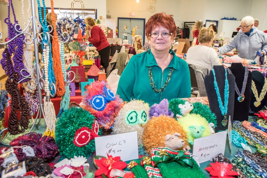 Barb Steel, of Osoyoos, was selling cute little owls and hedgehogs she knits from wool at the Kiwanis Christmas Craft Fair at the Legion on Saturday morning. (Richard McGuire photo)