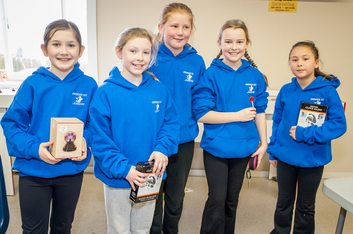 Finishing fourth in the Elks Junior Bonspiel on Saturday was Osoyoos team 6, the highest placing team from Osoyoos. From left are: Jamie Foster, Sydney Hanson, Sophie Bissonnette, Rachel Blaine and Amber Wyse. (Richard McGuire photo)