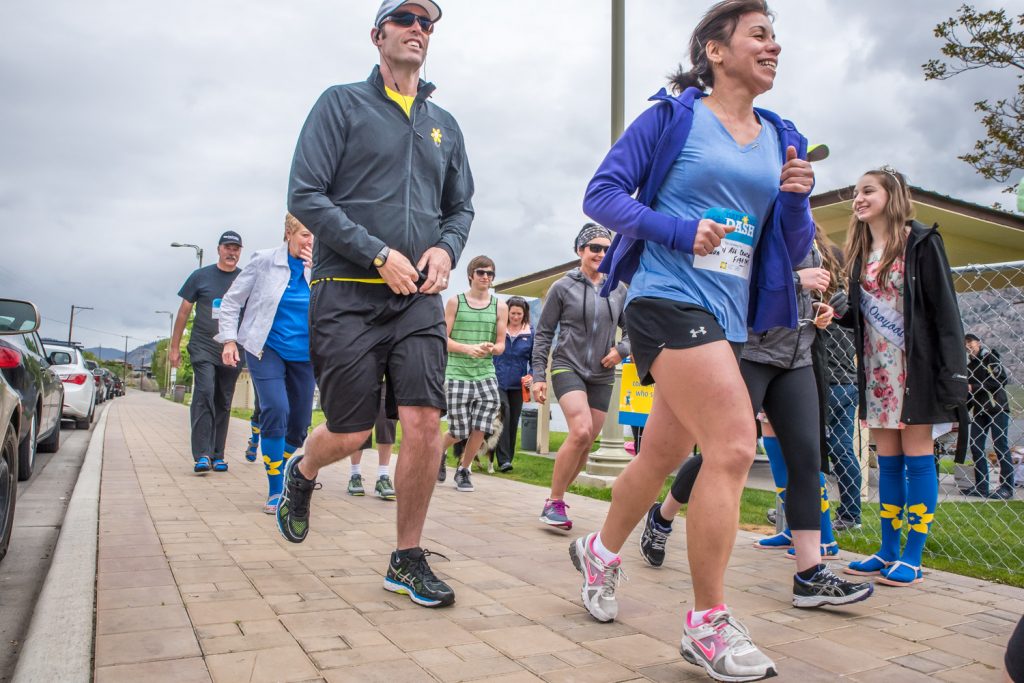 Runners and walkers head off on a 5 km Daffodil Dash to raise money for the Canadian Cancer Society. The number of participants and money raised fell far short of the goal, so organizers will be reevaluating what kind of event to hold next year. Those who couldn't make the run, but would still like to donate, can do so online at www.cancer.ca/daffodildash/Osoyoos.(Richard McGuire photo)