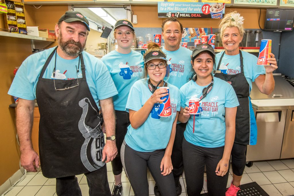 Osoyoos Dairy Queen is joining with other DQs across Canada to donate all proceeds from the sale of every Blizzard today (Thursday, Aug. 11, Miracle Treat Day) to Children's Miracle Network member hospitals. On average, 4,900 children visit a member hospital each day. The event continues until 10 p.m. this evening. Back from left: Steve Lang, Mikaela McCoy, Robert Keens and Caron Keens; Front from left: Caitlyn Toepfer and Simrat Sekhon. Robert and Caron Keens took over the operation of the Osoyoos DQ a couple months ago. (Richard McGuire photo)