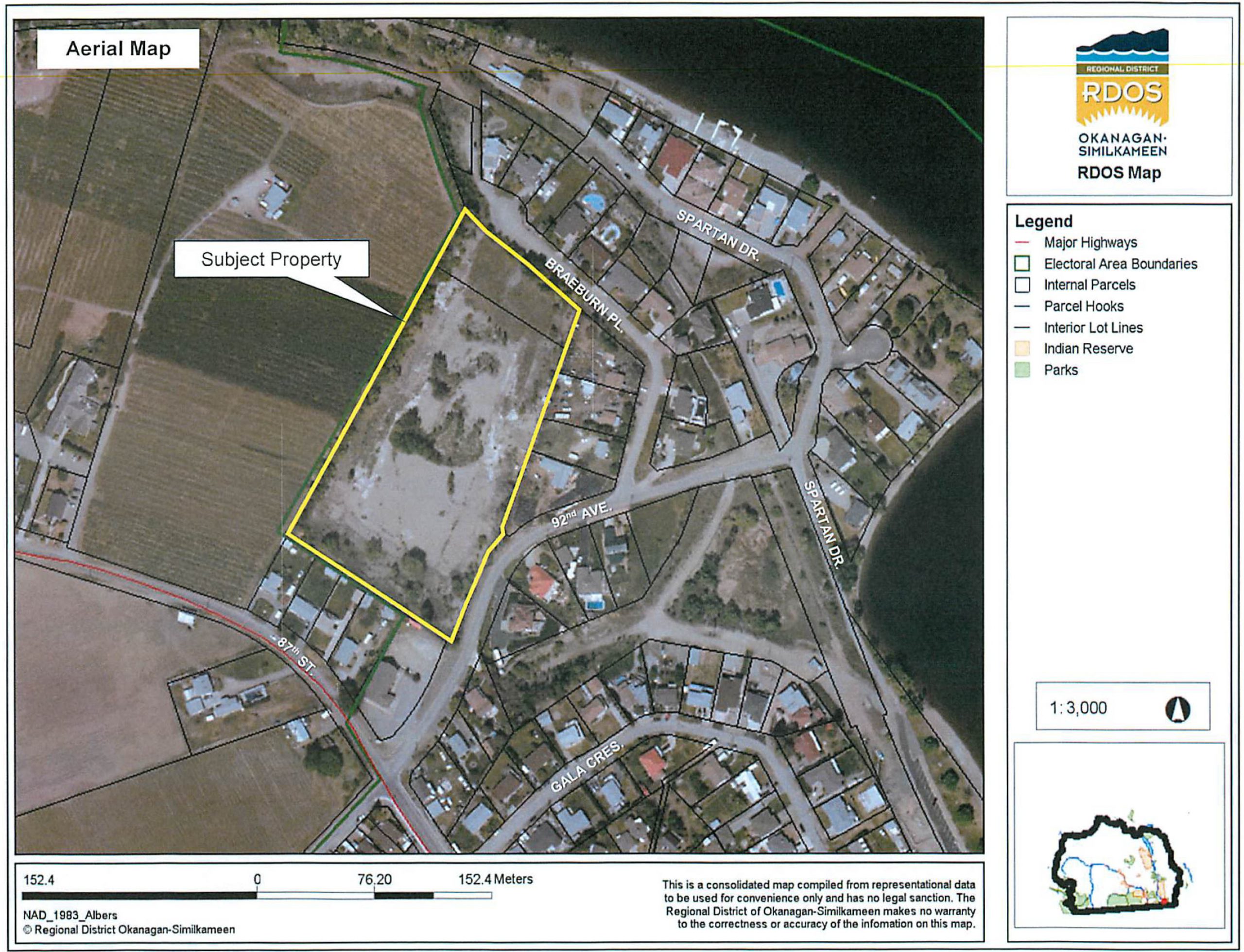 An aerial photo map shows the location of the proposed development. Only one neighbour, Rick Neumann, spoke at a hearing Monday. He supported the development as long as steps are taken to improve the traffic situation on 92nd Avenue on the hill east of Elks Lodge. (Regional District of Okanagan-Similkameen)