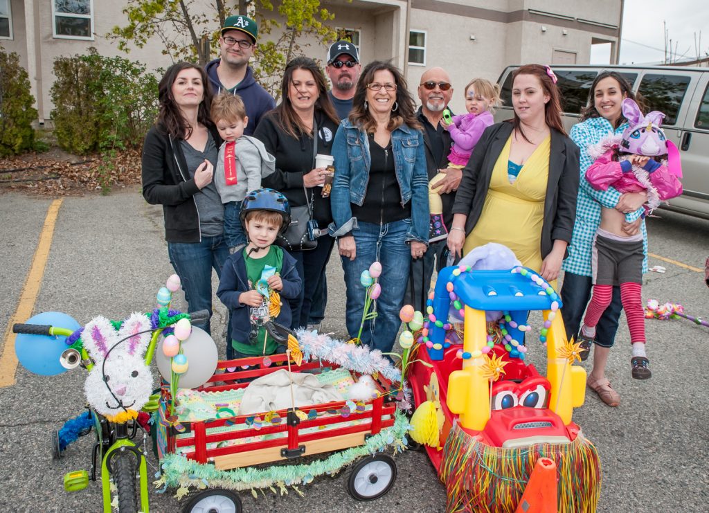 For Jim O'Donnell and his extended family, the Easter parade in Osoyoos is a family tradition that started 12 years ago. Last year, when his mother-in-law Jean Pocha came up from Langley, there were five generations at the parade, many of them participating. This year there were still four generations. For years, some of the younger children believed the Easter Bunny lived in Osoyoos. From left are: Brandi-Lee Doucette with Chris and boys Leo and Finn, Michele Litven, Mike, Leona O'Donnell, Jim O'Donnell, Mylee Litven, Karlee, Patty and Lily O'Donnell. (Richard McGuire photo)