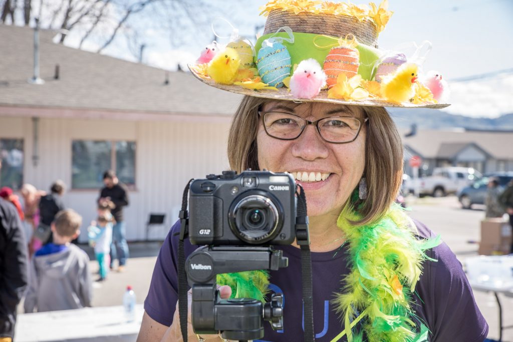 Linda Bolton of the Osoyoos Times was suitably dressed Saturday for her role as an Easter photographer. She photographed children and a few adults who posed as the Easter Bunny by sticking their heads through a cutout. Bolton was recently named as managing director and responsible for special programs at the Osoyoos Times and its sister publications. (Richard McGuire photo)