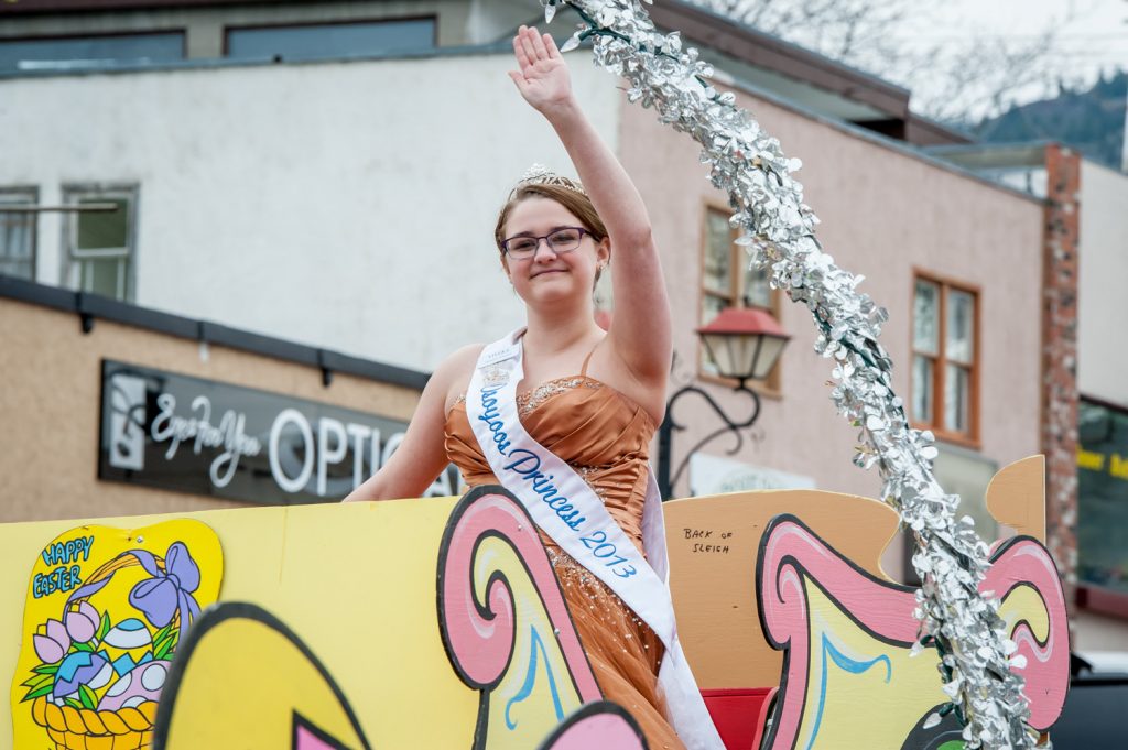 Princess Viveka Jensen was alone riding the float for Osoyoos Royalty during the Easter parade Saturday. Five new Royalty contestants are competing and the new Royalty will be chosen at the end of June. (Richard McGuire photo)