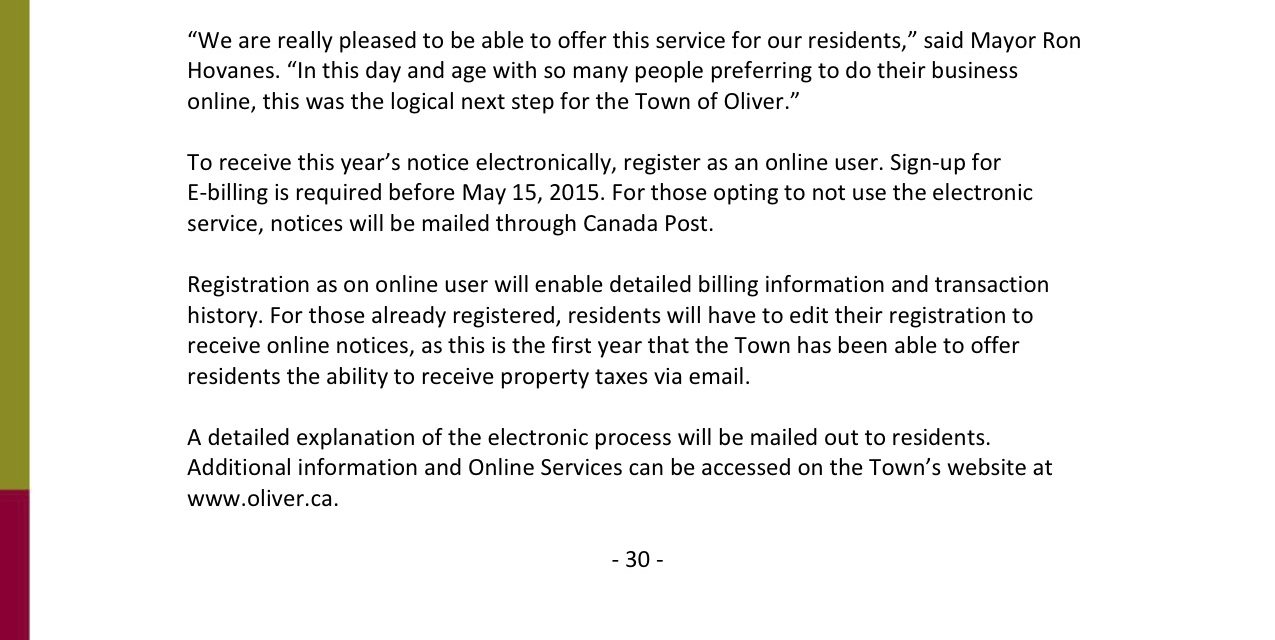 Property taxes available electronically in Oliver