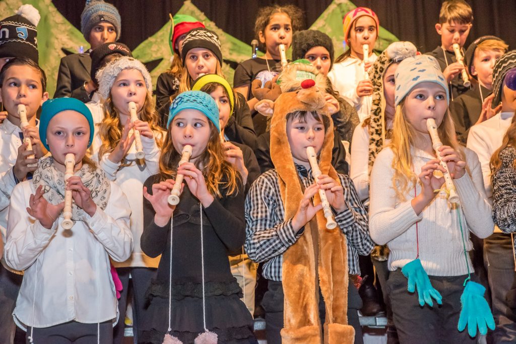 Grade 4 and 5 students sang a couple songs and played two more on recorder. Front row from left are Tessa Fontayne, Sophia McCabe, Owen Blaine and Helena Zakall.(Richard McGuire photo)