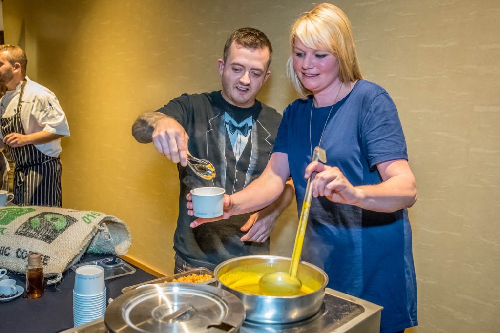 There were many soups with imaginative and tasty ingredients made by local chefs at the Empty Bowls fundraiser for Desert Sun Counselling and Resource Centre. Here Sean Peltier and Alana Egli of Jojo's Cafe served a soup of roasted butternut squash with vanilla beans. (Richard McGuire photo)