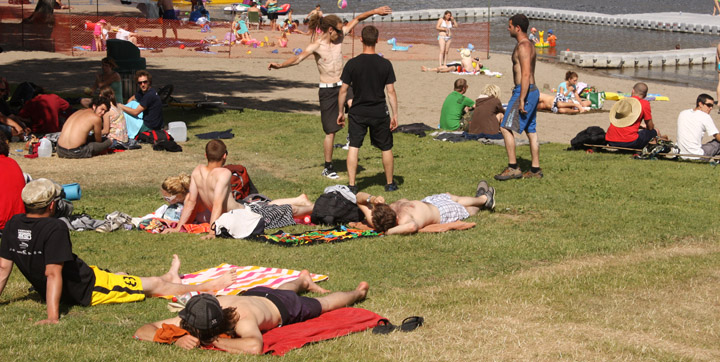 frenchhillevictionweb Displaced agricultural workers, many of whom have come to Osoyoos from Quebec, gathered at Gyro Beach on July 2 after being evicted from the Strawberry Creek area by the B.C. Forests and Range Ministry. Photo by Paul Everest - Click on picture for larger image