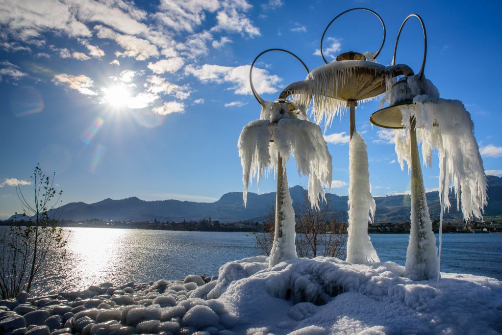 The fountain by the bridge in Osoyoos froze in interesting shapes in the blast of cold weather. Although it was only about -3 C when this photo was taken, icy north winds made it feel much colder. Much of Canada is locked in a deep freeze as the jet stream holds in cold Arctic air. No respite is in sight until after the weekend. (Richard McGuire photo)