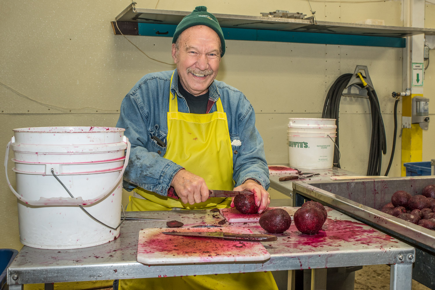 John Hildebrand of Edmonton slices beets inside the old tobacco barn used by the Okanagan Gleaners to prepare food. Hildebrand has been coming to Oliver for about 12 years on his way to and from Arizona as he escapes the Edmonton winters. (Richard McGuire photo)