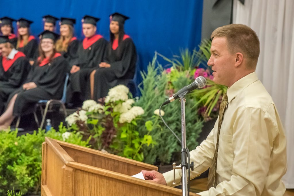 Teacher Peter Gajda delivers the keynote address. (Richard McGuire photo)