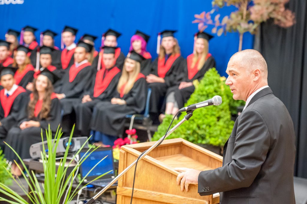 Principal Mike Safek speaks to the graduating class at Osoyoos Secondary School. (Richard McGuire photo)