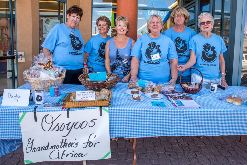 The Osoyoos Grandmothers for Africa held a bake sale fundraiser Saturday morning in front of Shoppers Drug Mart. The sale officially started at 9 a.m., but people showed up well before then to buy delicious baking, and when we came by at 11 a.m., most of it had been sold. From left are Elaine Taylor, Linda Sheehan, Linda Paley, Linda McWhinnie, Pam Herman and Carole Bissonnette. (Richard McGuire photo)