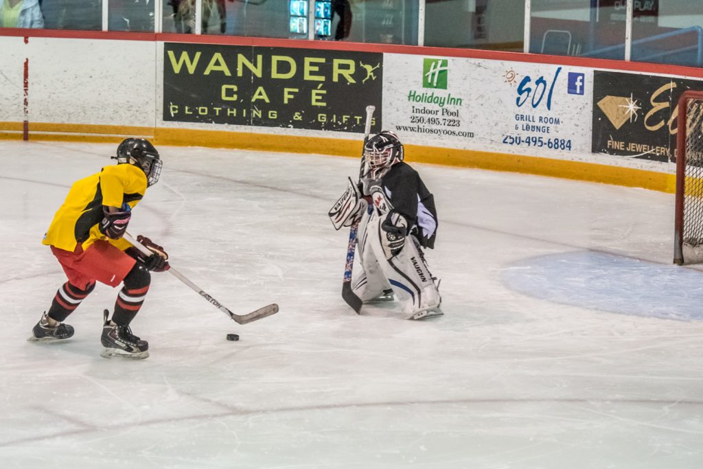 Osoyoos Elementary School’s Hockey Academy finished the season with its Charity Classic hockey game last Wednesday at the Sun Bowl Arena. The Hockey Academy split into two teams that faced each other while their schoolmates cheered them on from the stands. The students bring items for the Osoyoos Food Bank and about 350 items were collected. The Hockey Academy program takes in students from Grades 3 to 7. (Richard McGuire photo)