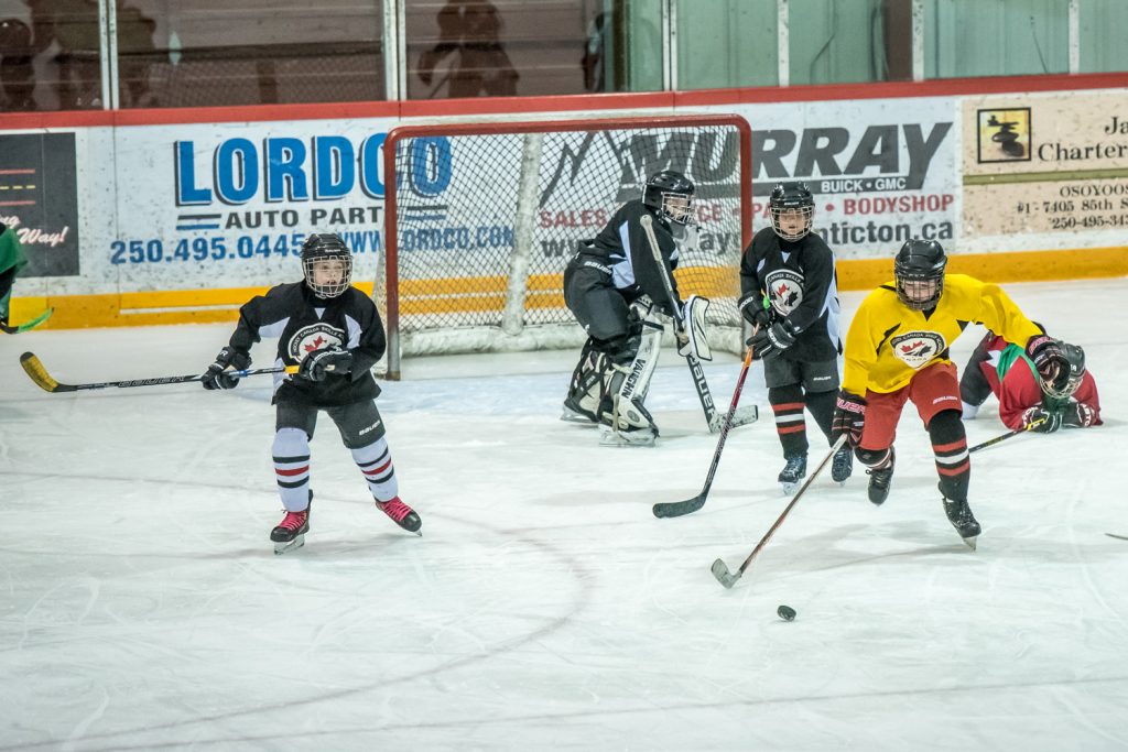 Osoyoos Elementary School’s Hockey Academy finished the season with its Charity Classic hockey game last Wednesday at the Sun Bowl Arena. The Hockey Academy split into two teams that faced each other while their schoolmates cheered them on from the stands. The students bring items for the Osoyoos Food Bank and about 350 items were collected. The Hockey Academy program takes in students from Grades 3 to 7. (Richard McGuire photo)