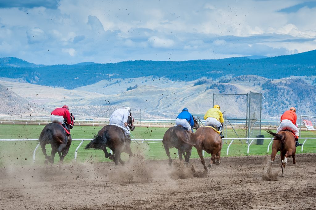 All five quarter horses kick up dirt as they run together down the track in the fourth race. (Richard McGuire photo)
