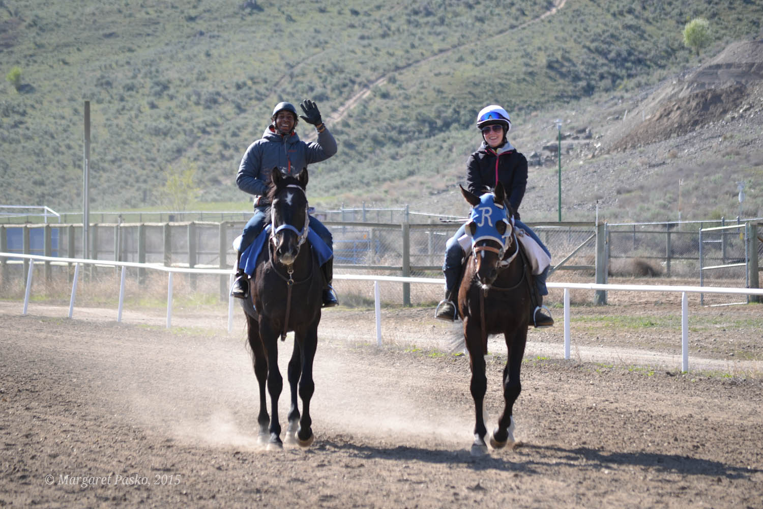 More and more champion horses are spending their winter training at Desert Park because the milder winter climate beats the Prairies. Last month, Killin Me Smalls, a horse trained in Osoyoos, raced to a $50,000 victory at Northlands Park Racetrack in Edmonton. Desert Park has seen an explosion of trainers flocking to Osoyoos with more than 120 horses this past winter. Corrine Andros (right) has had a successful season. (Margaret Pasko photo)