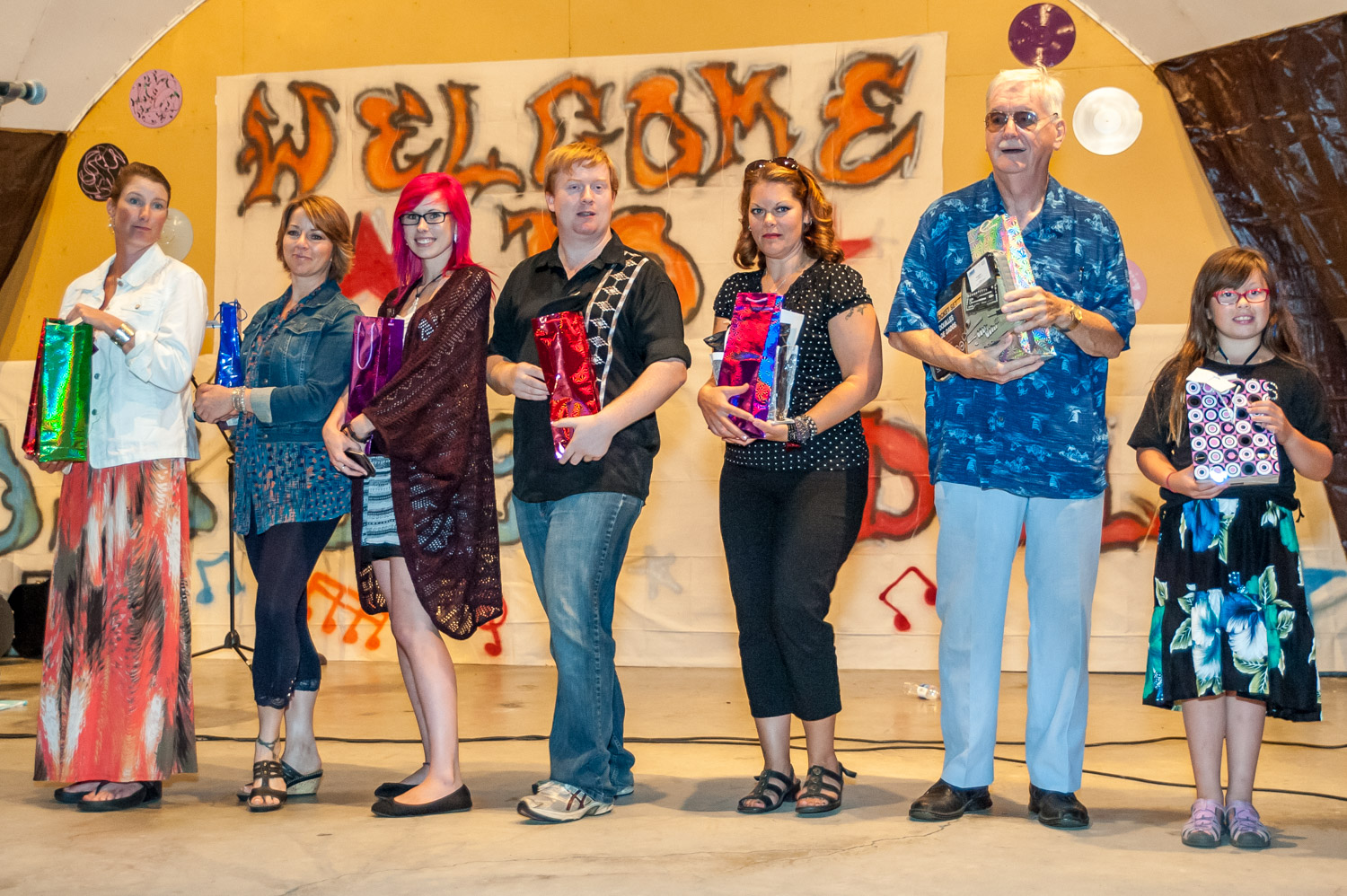 At the end of Osoyoos Idol, the top three took prizes and they were joined on stage by several runners up and crowd favourites. From left are: Dawn MacRae (winner), Sue Gerrard (second), Sarah Duperron (third), Emmanuel Brunet (male runner up), Robin Bickner (female runner up) and Tom Lavine and Christina Hollingworth (crowd favourites). (Richard McGuire photo)