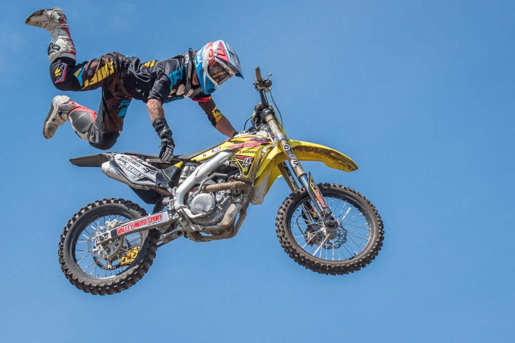 There were several demonstrations of extreme motorcycle stunts with riders leaping high into the air and landing safely. (Richard McGuire photo) 