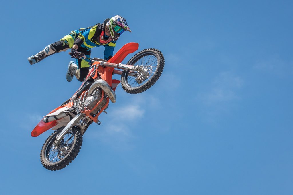 There were several demonstrations of extreme motorcycle stunts with riders leaping high into the air and landing safely. (Richard McGuire photo)