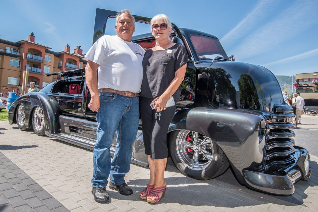 Dale (left) and Diane Gerry have created the most unique vehicle on display at Cactus Jalopies. The call it Deco Liner. It began life as a 1948 Chevrolet cab over truck, but they've added a long back end to it with a new and powerful 502 fuel injected engine. (Richard McGuire photo)