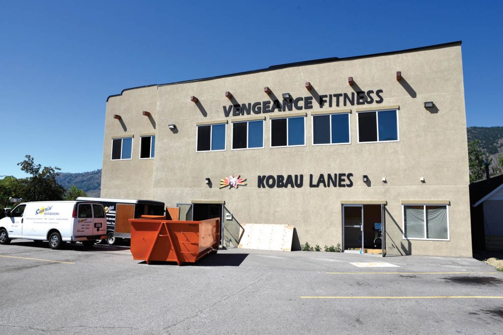 A fire in the early morning Thursday caused extensive damage to Vengeance Fitness and Kobau Lanes. Both businesses are closed in the foreseeable future. (Richard McGuire photo)