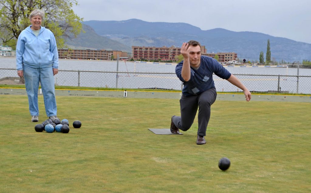 Trevor Nichols found out in a hurry last week that lawn bowling is a social sport, but offers more than enough for the competitive-minded. Nichols participated in a match at the Osoyoos Lawn Bowling Club, which is trying hard to recruit new players like Nichols to the sport. (Photo supplied)