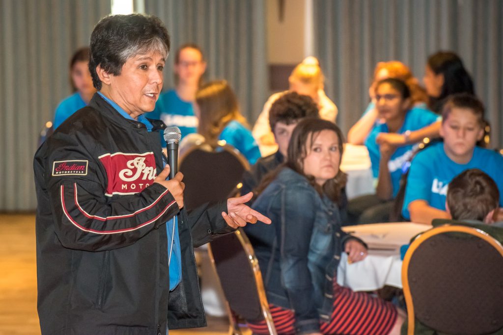 Clarence Louie, Chief of the Osoyoos Indian Band, speaks about leadership to students. (Richard McGuire photo)