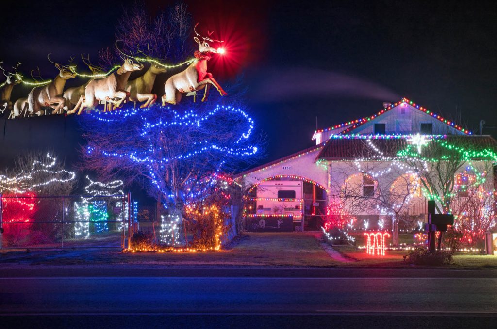 This home at 4152 Highway 97, between Roads 19 and 20, has a spectacular light display. The team of reindeer guided by a shiny-nosed Rudolph was at the house too, and with a little bit of imagination, or the help of Photoshop, you can imagine them flying over the house on Christmas Eve. (Richard McGuire photo)