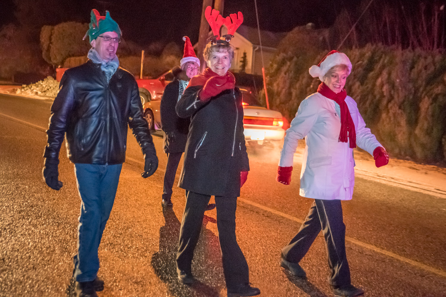 There was no limo for these local politicians as they marched in the parade. From left are Coun. Mike Campol, Coun. Carol Youngberg (background), MLA Linda Larson and Mayor Sue McKortoff. (Richard McGuire photo)