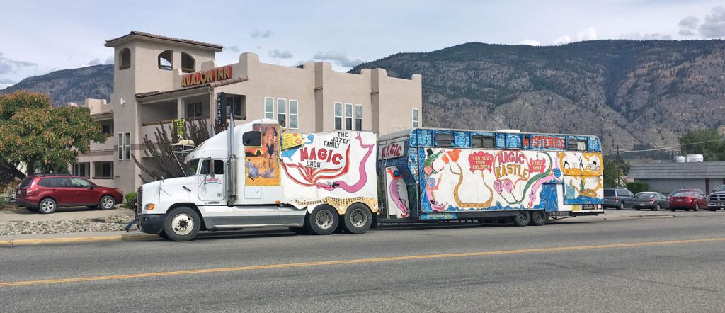 The Demcaks’ truck and trailer was hard to miss parked on Main Street last Thursday. (Ken Baker photo)