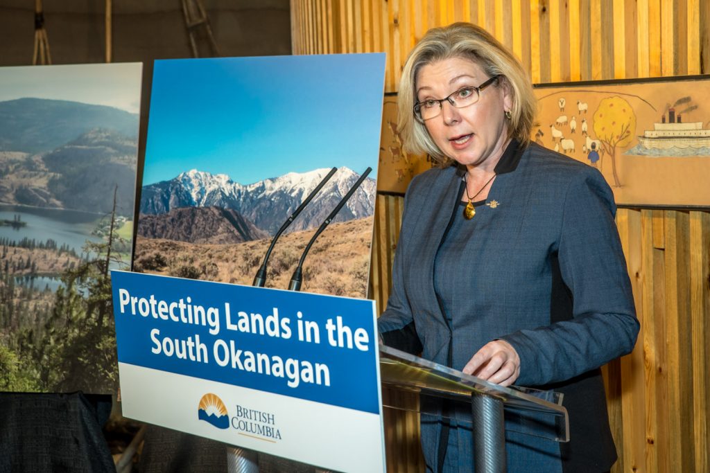 Environment Minister Mary Polak announces at a press conference that the province will be resuming talks with the federal government on a possible national park reserve in the South Okanagan. (Richard McGuire photo)