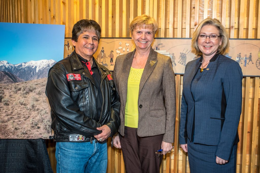 Chief Clarence Louie of the Osoyoos Indian Band (left), MLA Linda Larson and Environment Minister Mary Polak addressed a news conference Friday about moving forward with previously released intentions to protect areas in the South Okanagan. This includes the resumption of talks with the federal government about a possible national park reserve. (Richard McGuire photo)