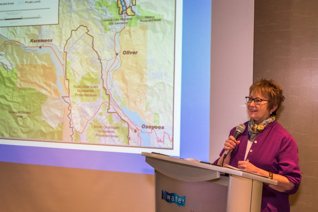 Doreen Olson, co-ordinator of the SOS National Park Network, presents the results of an opinion poll about support for a national park. The poll shows increased and overwhelming public support for a national park in South Okanagan-Lower Similkameen. (Richard McGuire photo)