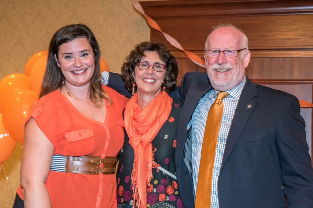 Richard Cannings, the new NDP MP for South Okanagan-West Kootenay was joined on stage by his daughter Julia Cannings (left) and his wife Margaret Holm after he won the Oct. 19 federal election. (Richard McGuire file photo)