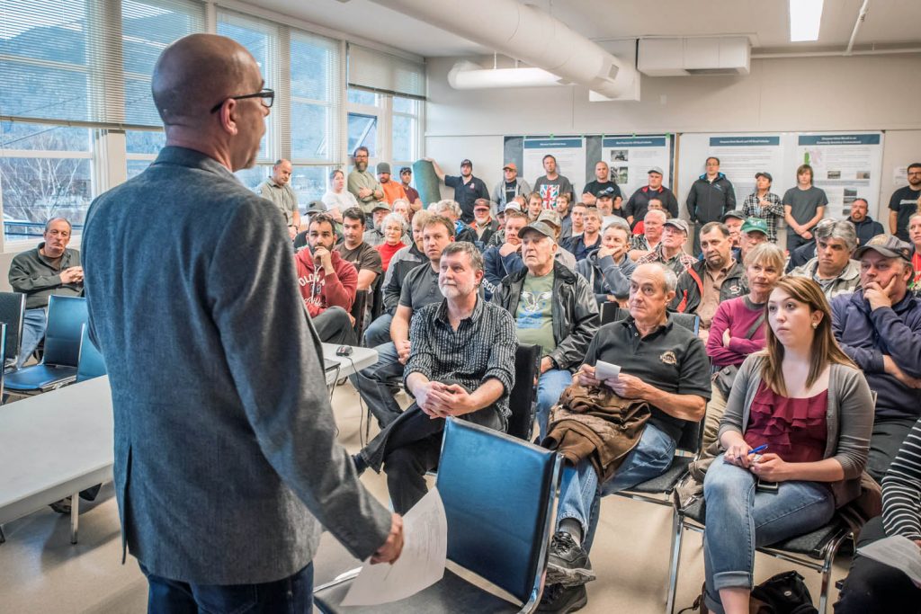 Grant Furness of the Ministry of Forests, Lands and Natural Resource Operations spoke to an audience of about 50 people Wednesday evening about the challenges to the environment posed by off-road vehicles on the Osoyoos West Bench. Many in the audience had their backs up, suspecting a government agenda to close areas they use for recreation, but Furness insisted he was just there to seek input. (Richard McGuire photo)