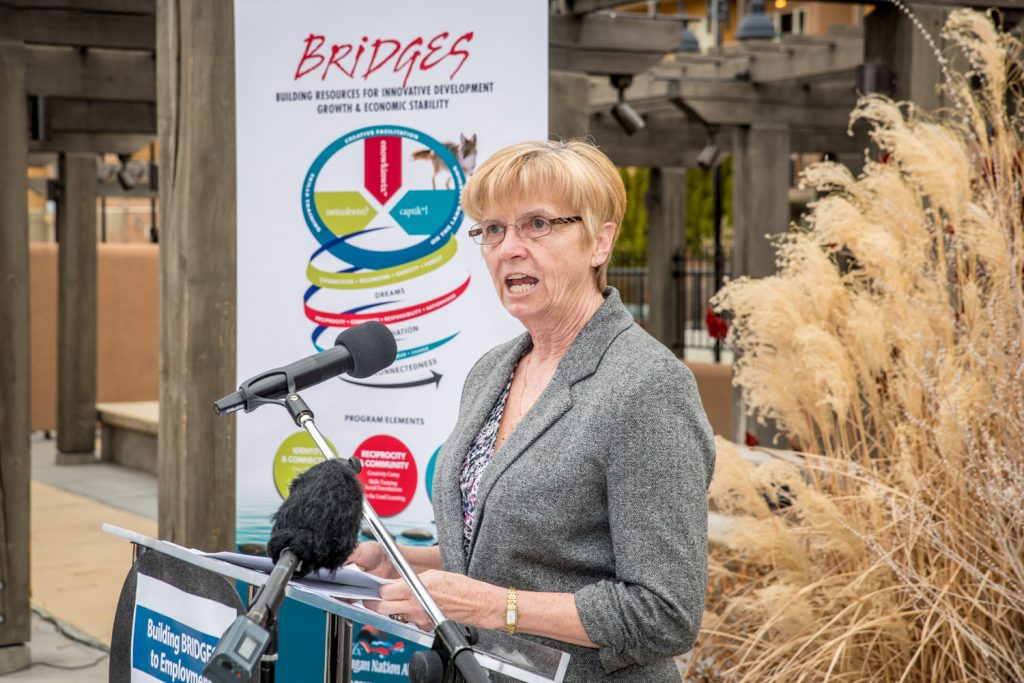 MLA Linda Larson announced $1.97 million in funding on Friday to the Okanagan Nation Alliance for a new BRIDGES program aimed at promoting youth employment and cultural identity. (Richard McGuire photo)