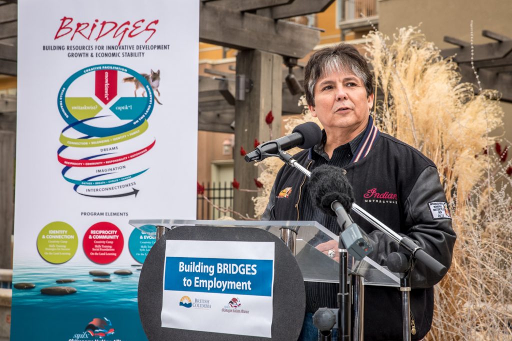 Osoyoos Indian Band Chief Clarence Louie spoke about the importance of employment and the work ethic of First Nations people at an announcement Friday of the new BRIDGES program. The provincial government is providing $1.97 in funding to the Okanagan Nation Alliance for the program that will promote youth employment and cultural identity. (Richard McGuire photo)