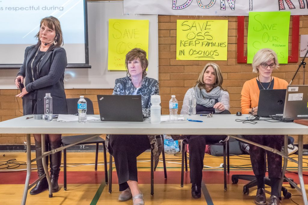 School District 53 administration took heat from a number of Osoyoos residents. From left are Bev Young, superintendent; Lynda Minnabarriet, treasurer; Deb Sansome, director of facilities; and Merrill Bjerkan, executive assistant. (Richard McGuire photo)