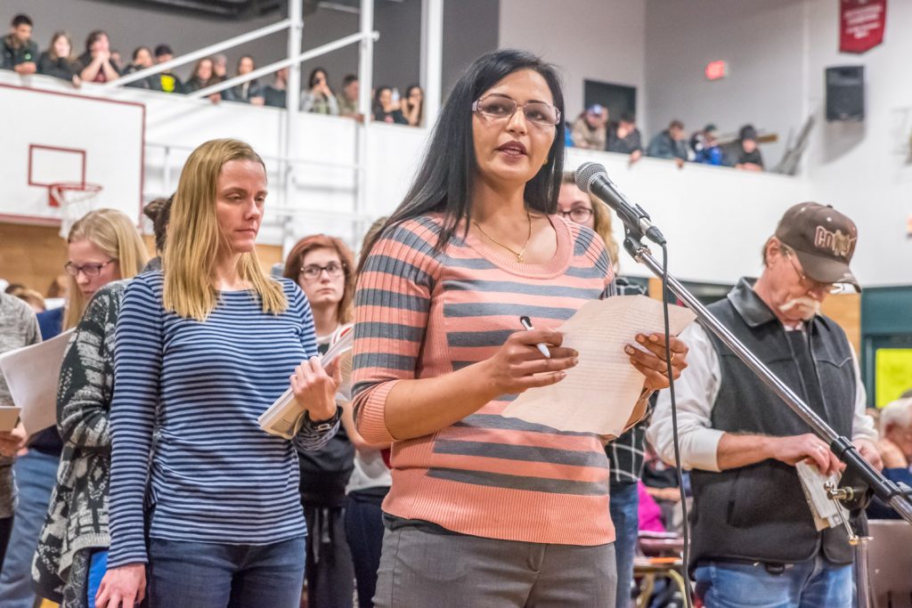 Kuldeep Rai, who collected about 500 signatures against the closing from the Indo-Canadian community, spoke about the impact a school closing would have. She concluded with brief remarks in Punjabi. (Richard McGuire photo)