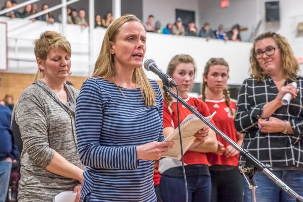 Robin Stille delivered a strong, detailed and well-researched  challenge to school district figures and pointed to areas where the school budget could be cut without closing schools. (Richard McGuire photo)