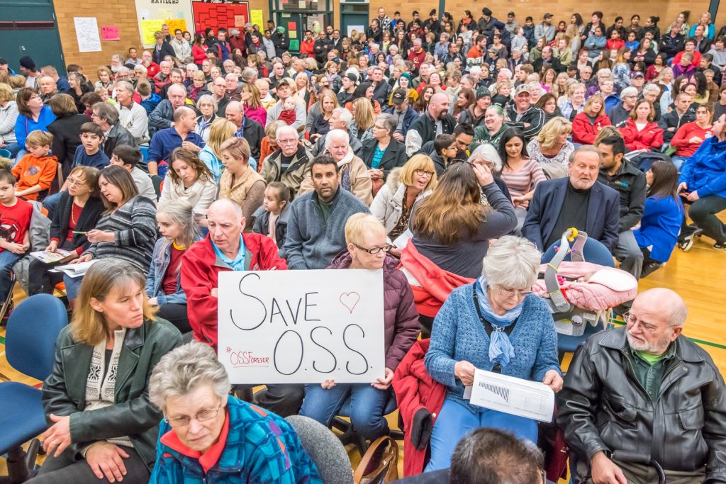 Nearly 1,000 people packed into the gymnasium at Osoyoos Secondary School, as well as the mezzanine above, to show their support for keeping Osoyoos schools open. (Richard McGuire photo)