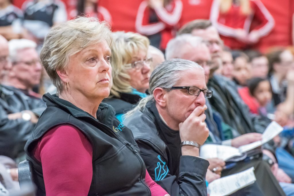 Mayor Sue McKortoff and Councillor Mike Campol listen intently to a presentation by school district officials explaining the rationale for looking at closing one of the Osoyoos schools. McKortoff later got up to express strong opposition to the closures. (Richard McGuire photo)