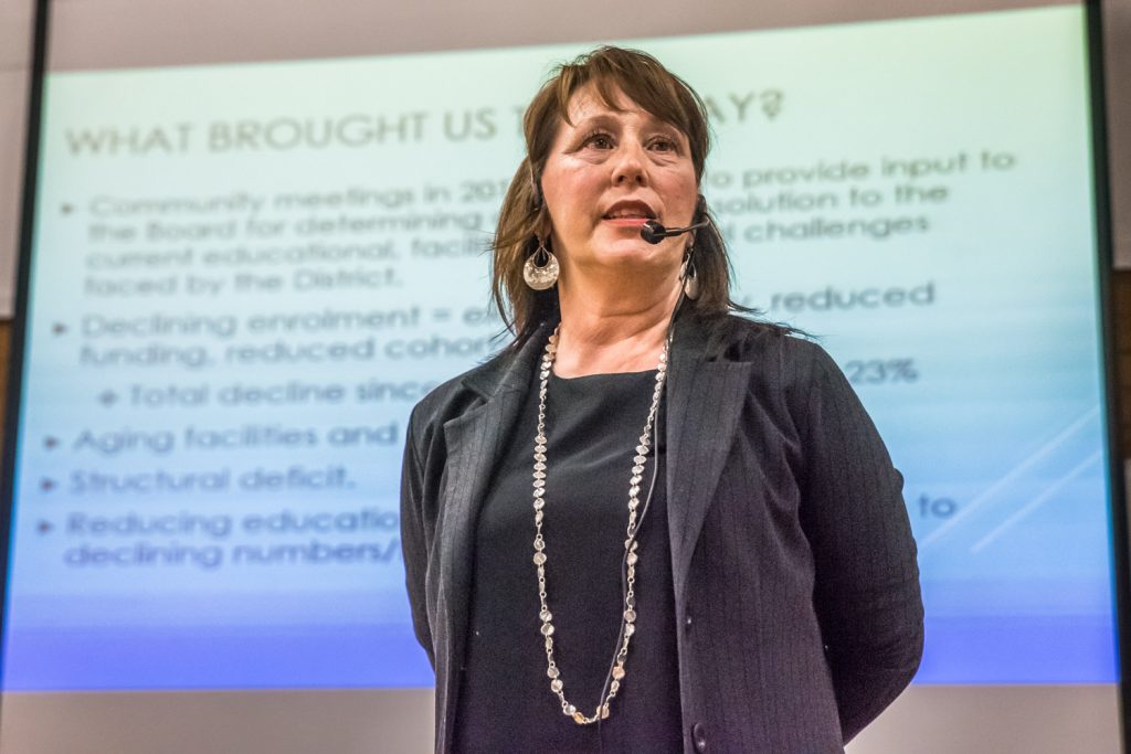 School district superintendent Bev Young gave a slide presentation explaining the reasons why the district faces a financial crunch. (Richard McGuire photo)