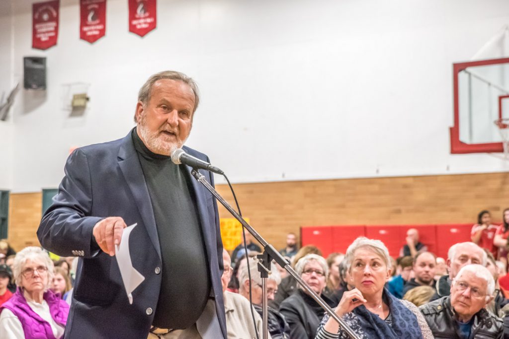Former Osoyoos mayor Stu Wells, once a school trustee, delivered a blistering statement arguing that closing a school should not be a decision by the school board. Instead, Education Minister Mike Bernier and Premier Christy Clark should make the decision and come to Osoyoos to explain themselves. (Richard McGuire photo)