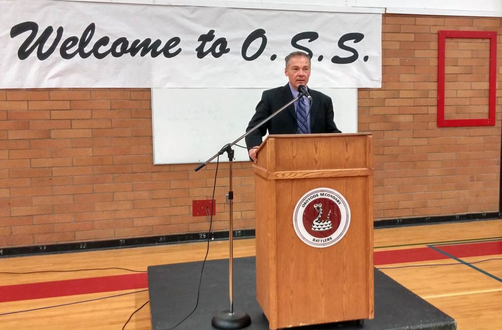 Mike Safek, principal of Osoyoos Secondary School, was the first and last speaker at a celebration of 37 years of the held in June when it looked like the school would be closing. (Keith Lacey photo)