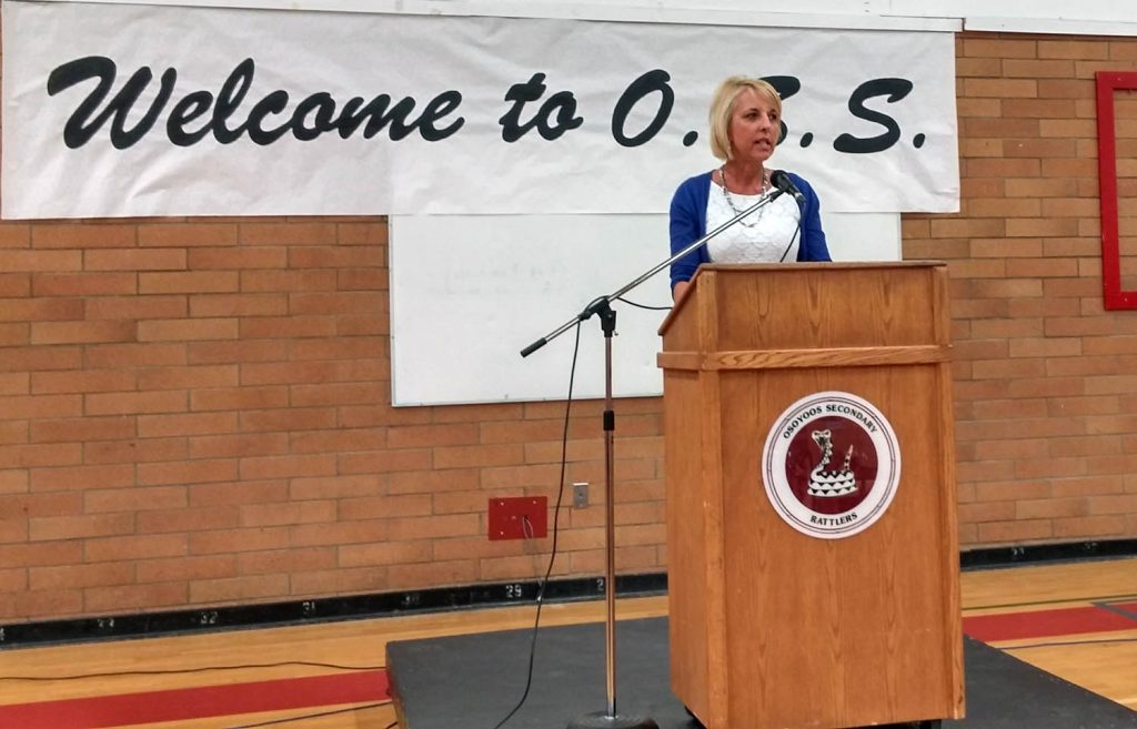 Marieze Tarr, chair of the board of School District 53, spoke Thursday evening at a celebration of 37 years of Osoyoos Secondary School. She said trustees are seeking more information about a provincial government funding program announced Wednesday that could save the school from closure. (Keith Lacey photo)
